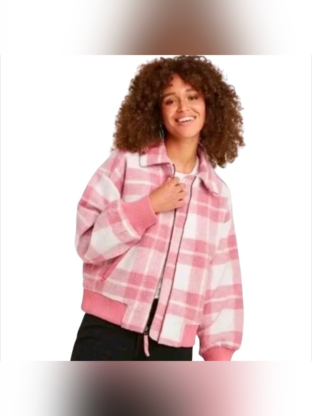 Universal Thread Pink & White Cozy Plaid Collared Full Zip Bomber Jacket Medium